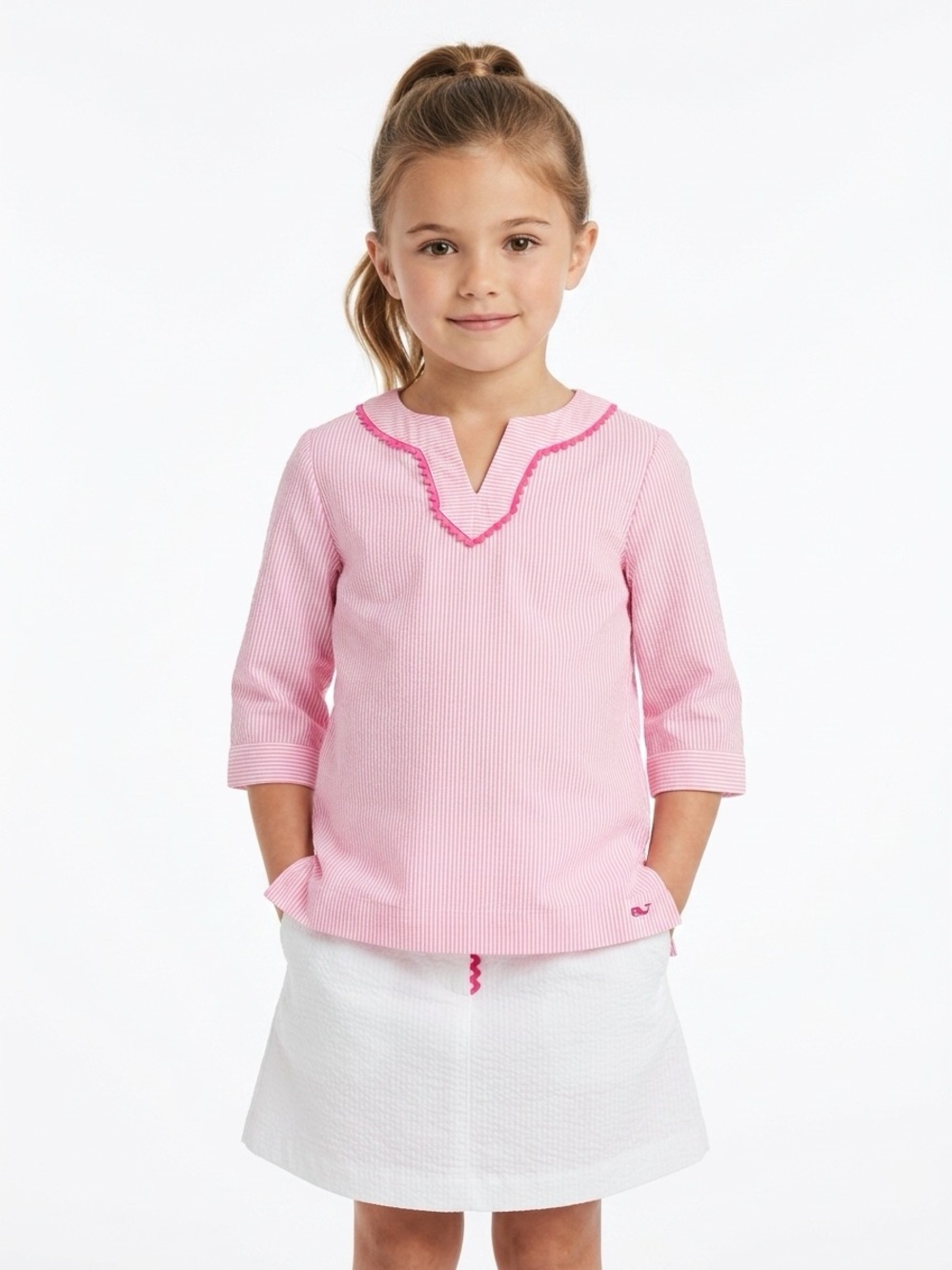 Vineyard Vines Girls Tunic Top Embroidered Whale Striped Pink White XS